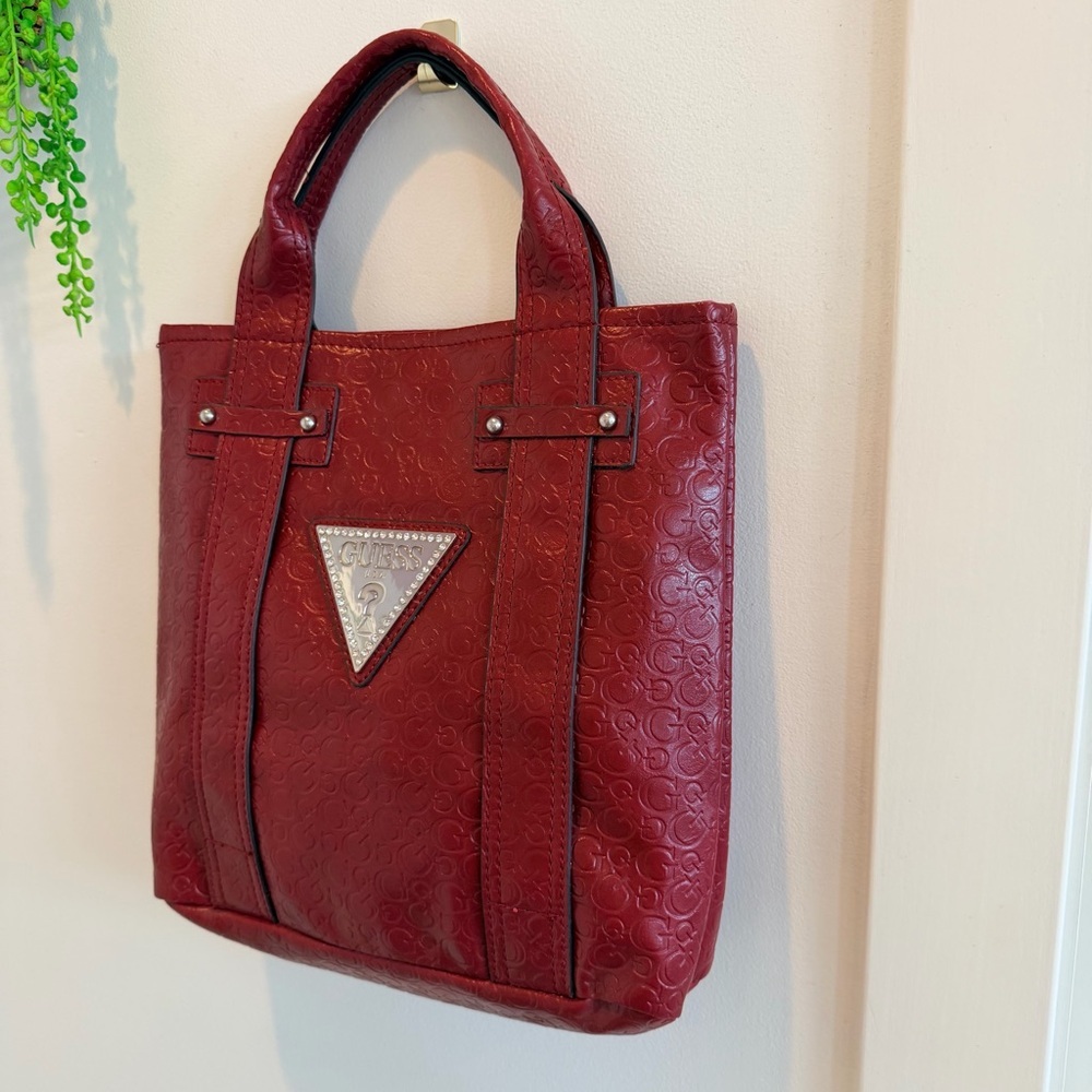 GUESS Y2K Burgundy Monogram Hand Bag Signature Silver Triangle Rhinestone Logo - Picture 6 of 15